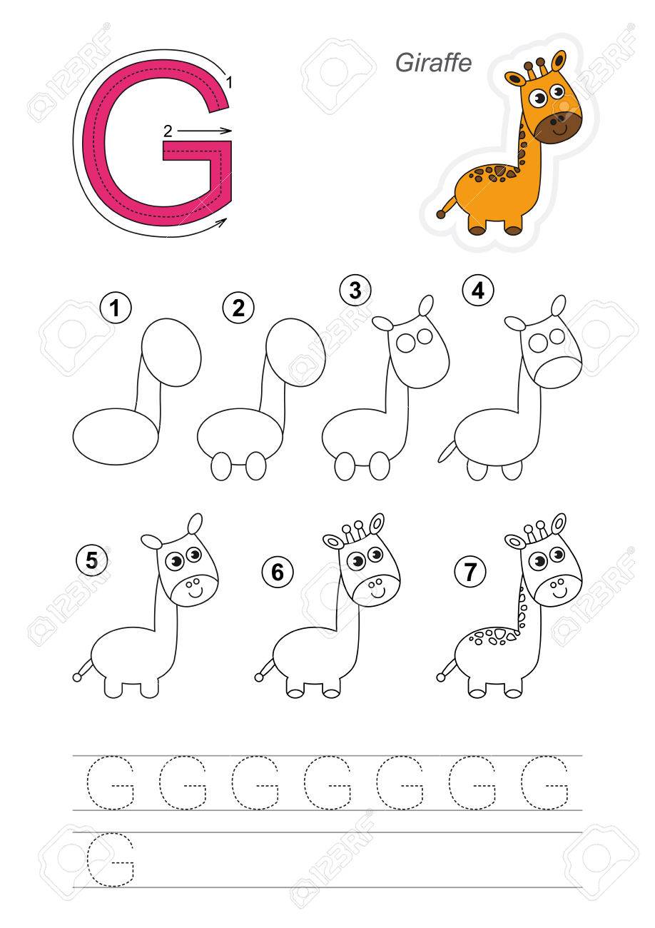 完全な動物園のアルファベット 手書きを学ぶ G 文字の描画チュートリアルのイラスト素材 ベクタ Image