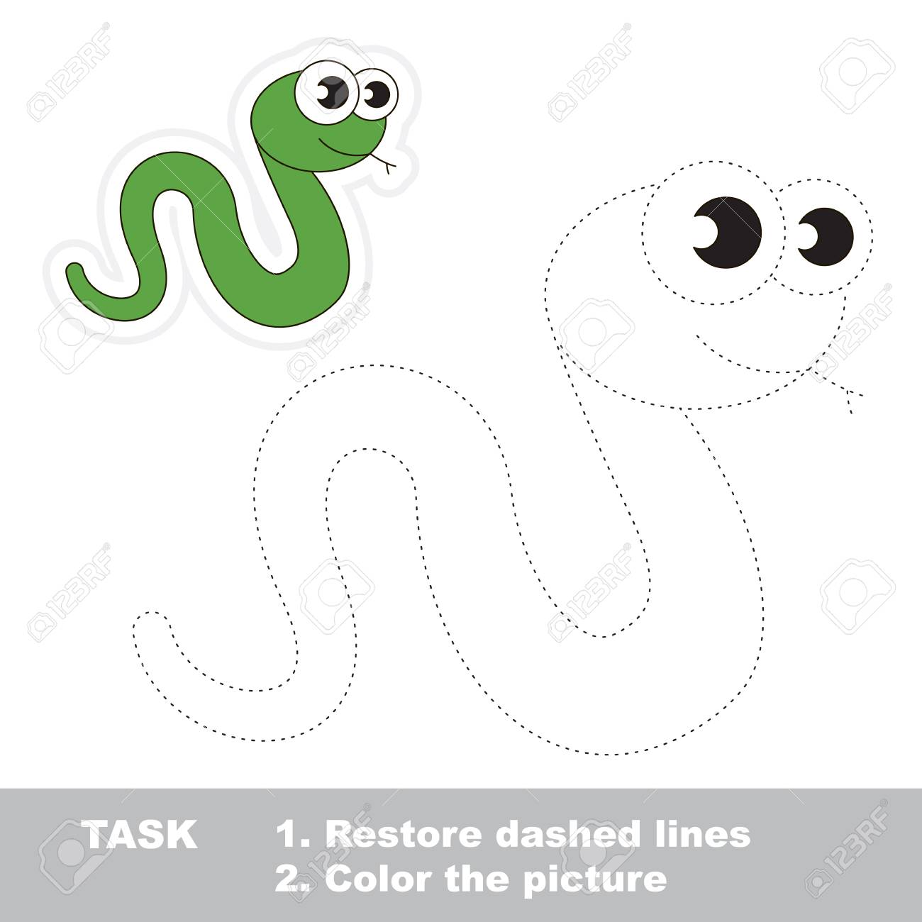 Green Snake in vector to be traced. Restore dashed line and color the picture. Trace game for children. - 55111318 Green Snake in vector to be traced. Restore dashed line and color the picture. Trace game for children. - 55111318