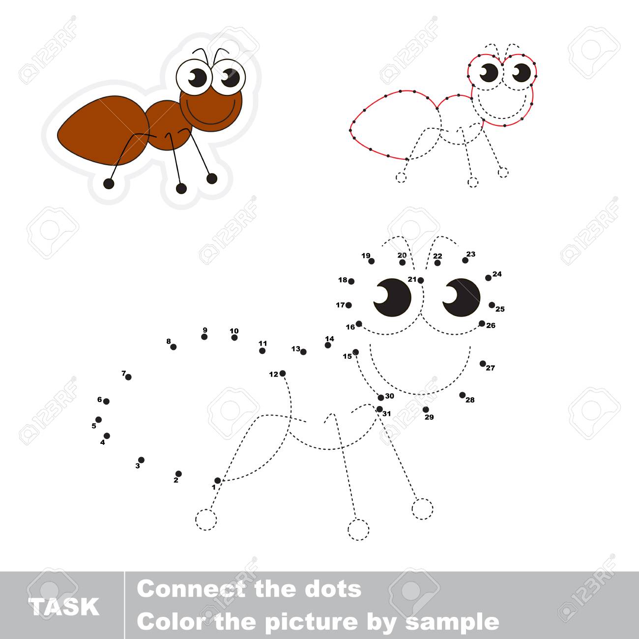 番号によってトレースされるベクトルでかわいいアリ 簡単な教育子供ゲーム 簡単なレベルの難易度 ベクター子供のため視覚的なゲーム のイラスト素材 ベクタ Image