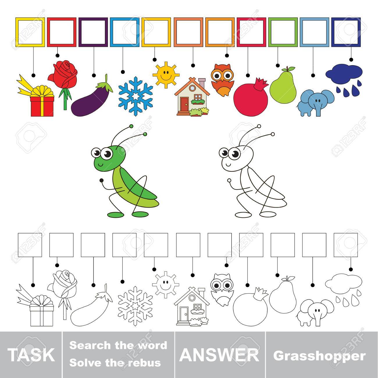 Vector Rebus Game For Children. Easy Educational Kid Game. Simple Game  Level. Find Solution And Write The Hidden Word Grasshopper. Royalty Free  SVG, Cliparts, Vectors, And Stock Illustration. Image 74023447.