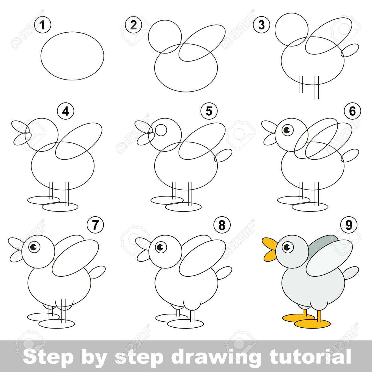 子供の教育とゲーム 教育子供の簡単なゲームのレベル おかしい図面学校の幼稚園児の描画のチュートリアル かわいいアヒルを描画する方法 のイラスト素材 ベクタ Image