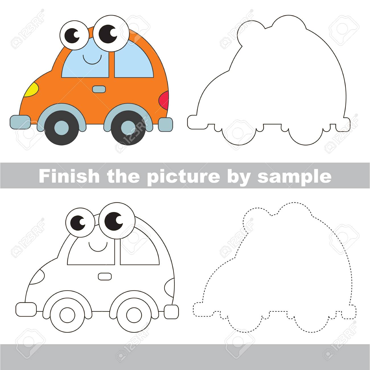 子どもワークシートの描画 簡単な教育子供ゲーム 簡単なレベルの難易度 絵を完成し 変な車を描画のイラスト素材 ベクタ Image