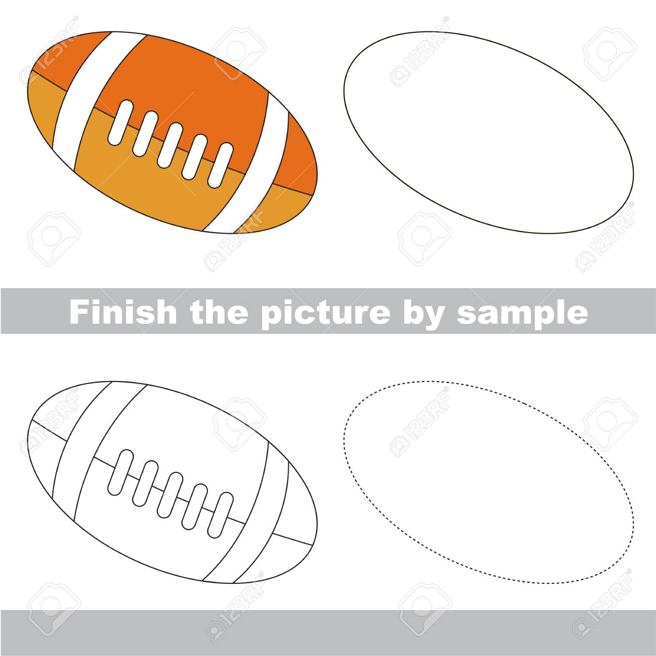 ワークシートの描画サンプルで絵を完成し アメリカン フットボールのサッカー ボールを描画する子供のための簡単な教育ゲーム 難易度のレベルが簡単なゲーム就学前の子供のため のイラスト素材 ベクタ Image ワークシートの描画サンプルで絵を完成し アメリカン フットボールのサッカー ボールを描画する子供のための簡単な教育ゲーム 難易度のレベルが簡単なゲーム就学前の子供のため のイラスト素材 ベクタ Image