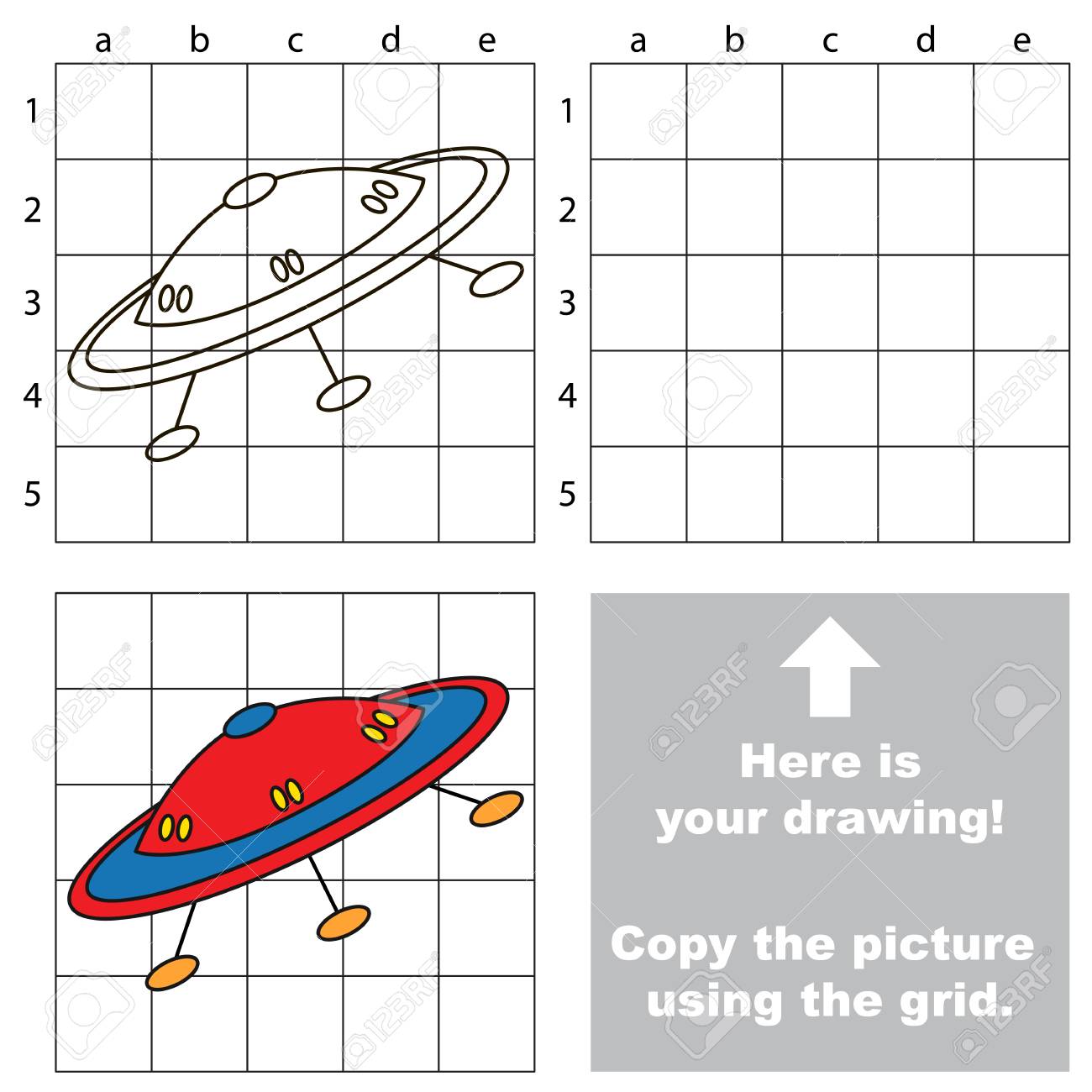 グリッド線 簡単ゲーム レベルで幼児教育のための簡単な教育ゲーム 子供の面白い飛行 Ufo Sauser とゲームの描画を使用して 画像をコピーします のイラスト素材 ベクタ Image