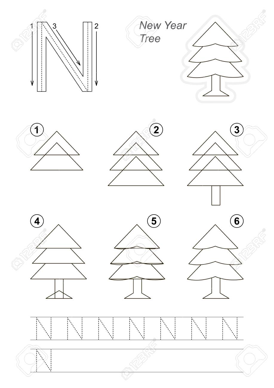 ベクトル イラスト子供就学前の子供のための簡単なゲームのレベル 文字 N のチュートリアルの描画と手書きを学ぶ教育的なゲームでは アルファベット新年のツリー のイラスト素材 ベクタ Image