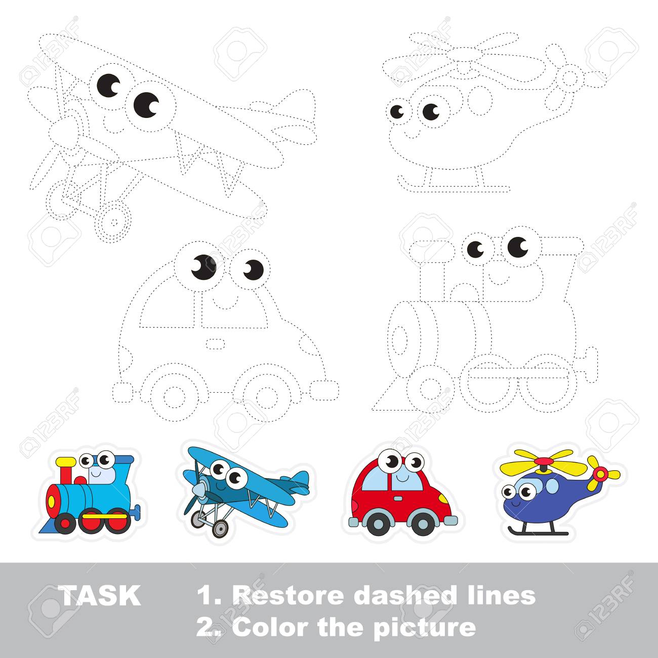 locomotive and biplane and car and helicopter dot to dot