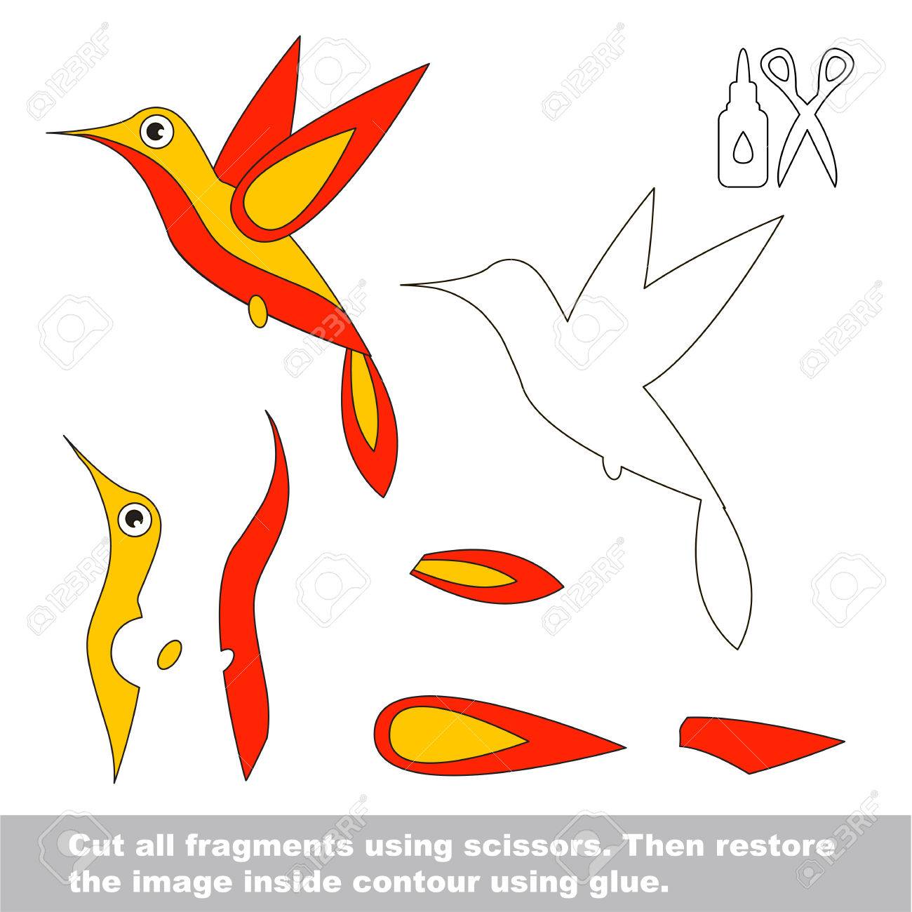 はさみや接着剤を使用し 輪郭内の図を復元します 簡単に教育用紙の子供たちのゲーム ハチドリと単純な子供のアプリケーション のイラスト素材 ベクタ Image
