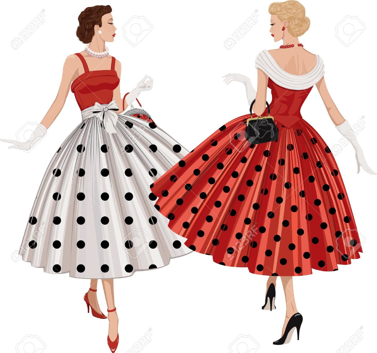 Two elegant women the brunette and the blonde dressed in polka dots garments inspect each other passing by - 12409989 Two elegant women the brunette and the blonde dressed in polka dots garments inspect each other passing by - 12409989