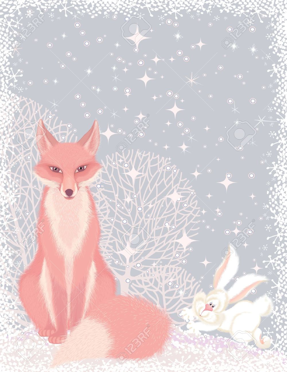 christmas card with a pink fox and a fluffy hare in the forest pink christmas card