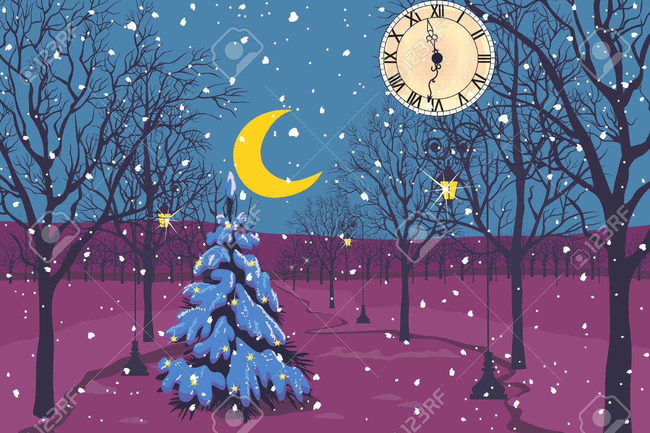 クリスマス ツリー 時計 月 木と抽象的な風景 のイラスト素材 ベクタ Image