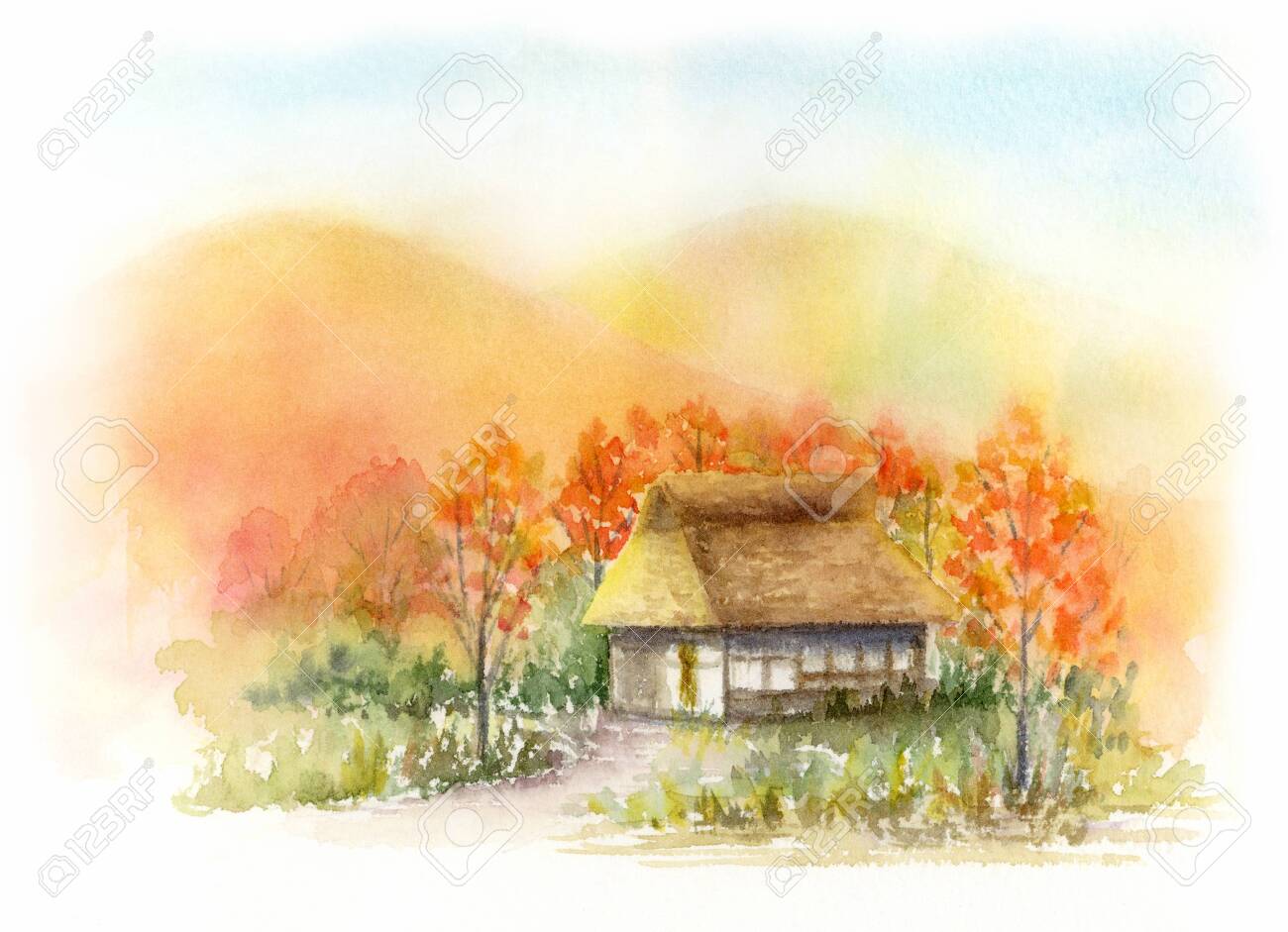 真作】絵画 水彩 秋の郷愁 茅葺き屋根と彩り豊かな風景画 四季