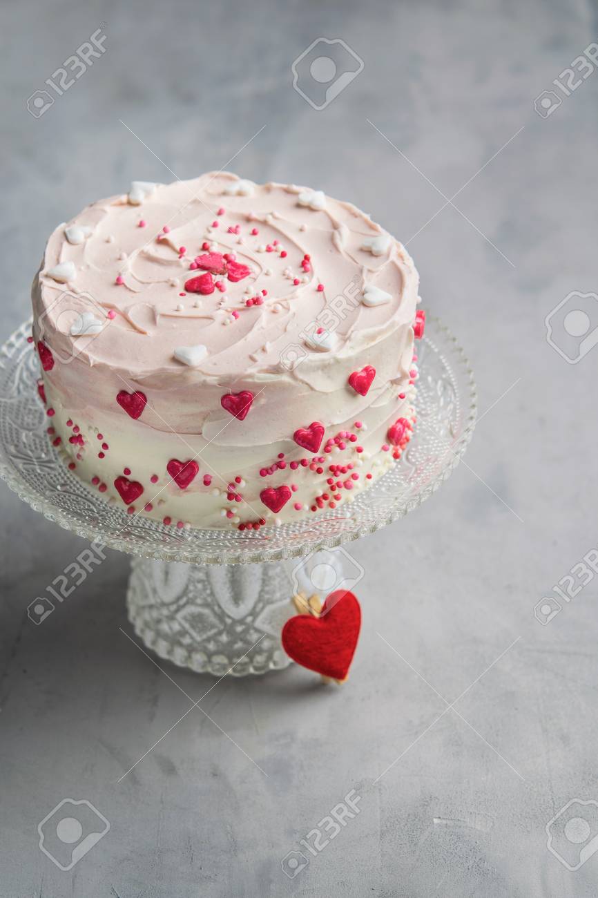 Birthday Cake For Valentine S Day With Pink Hearts And Colorful Stock Photo Picture And Royalty Free Image Image 115336849