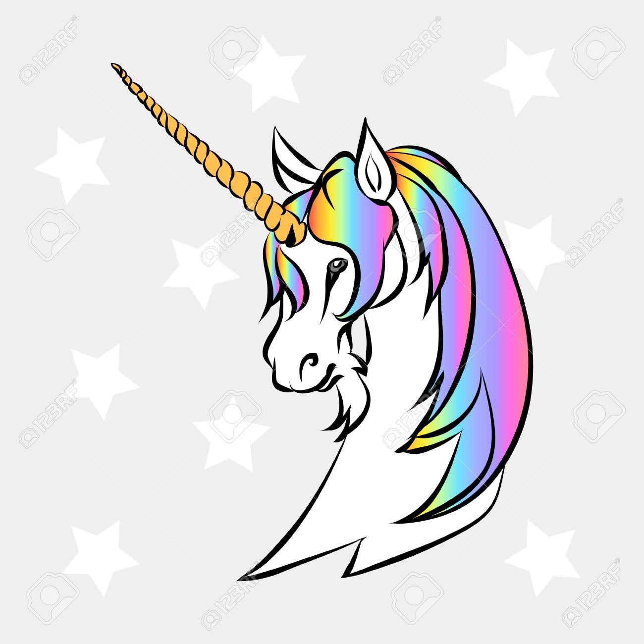Tete D Une Licorne Blanche Avec Arc En Ciel Criniere Cheval Mythical Illustration Vectorielle Clip Art Libres De Droits Vecteurs Et Illustration Image