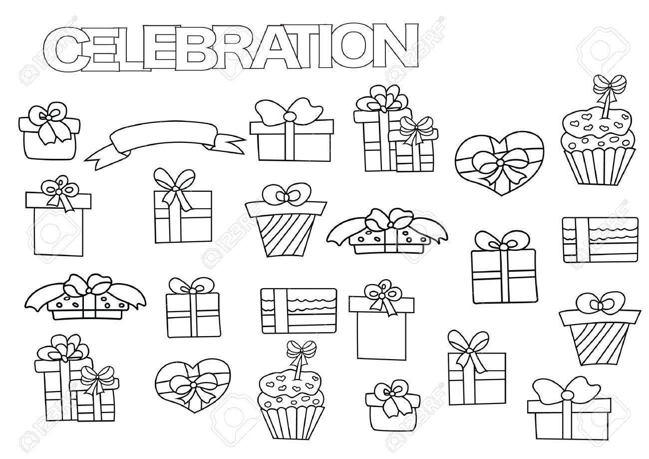 Hand Drawn Gift Boxes Set. Coloring Book Page Template With Presents ... Hand Drawn Gift Boxes Set. Coloring Book Page Template With Presents ...