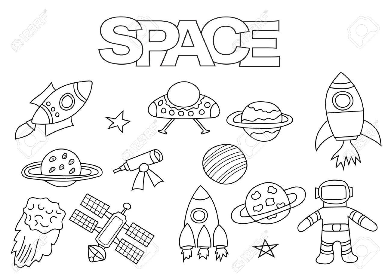 space elements hand drawn set coloring book template outline coloring book template