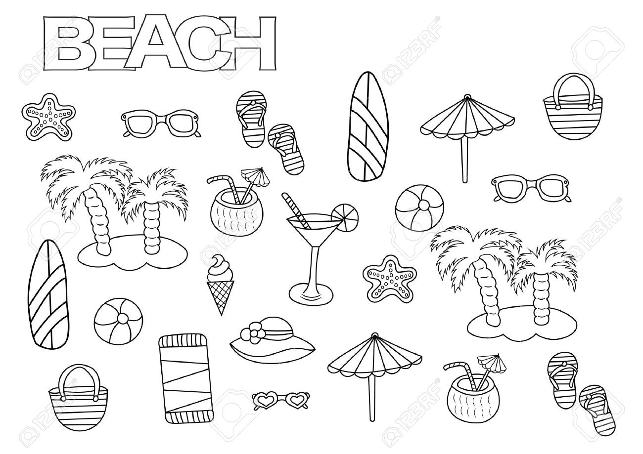 Dibujado A Mano Conjunto De Playa Plantilla De Pagina De Libro Para Colorear Ilustracion De Vector De Doodle De Esquema Fotos Retratos Imagenes Y Fotografia De Archivo Libres De Derecho Image
