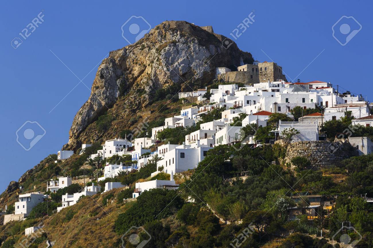 chora of skyros island as seen from a nearby beach greece chora