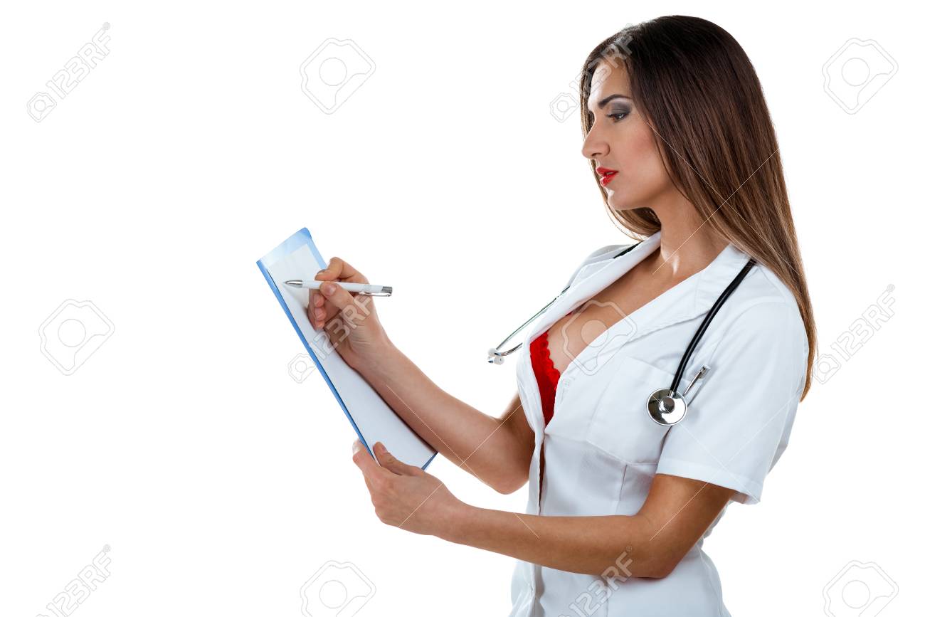 Beautiful female doctor with stethoscope writing diagnosis for patient, wearing in a uniform. Posing isolated on white background. - 100178925
