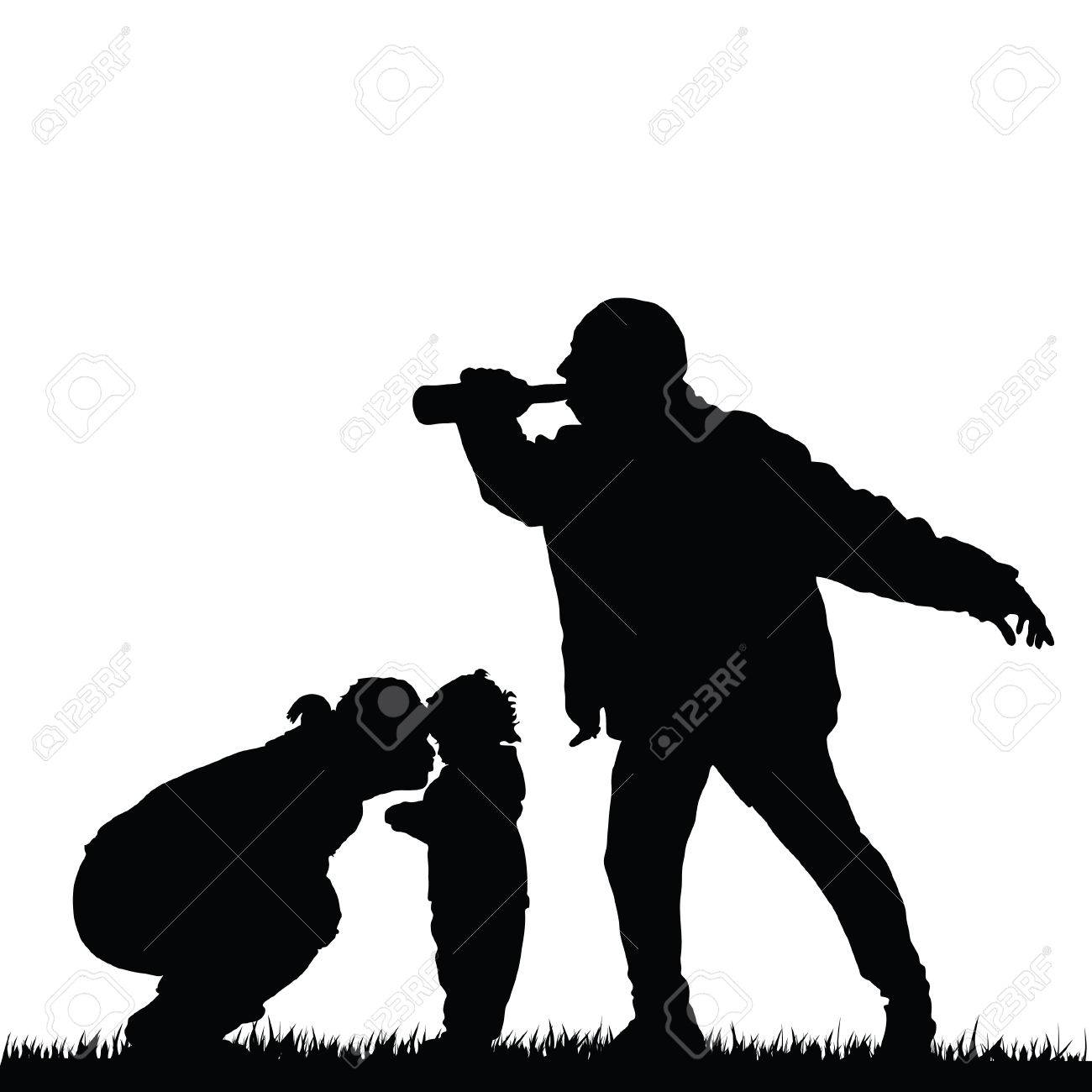 子と酔って男の図のシルエットを持つお母さん のイラスト素材 ベクタ Image