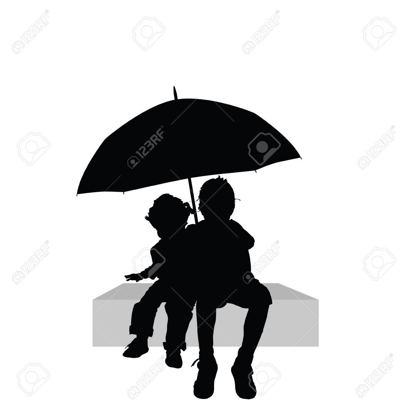 Enfants Assis Sous Le Parapluie Illustration Silhouette Deuxieme Partie Clip Art Libres De Droits Vecteurs Et Illustration Image