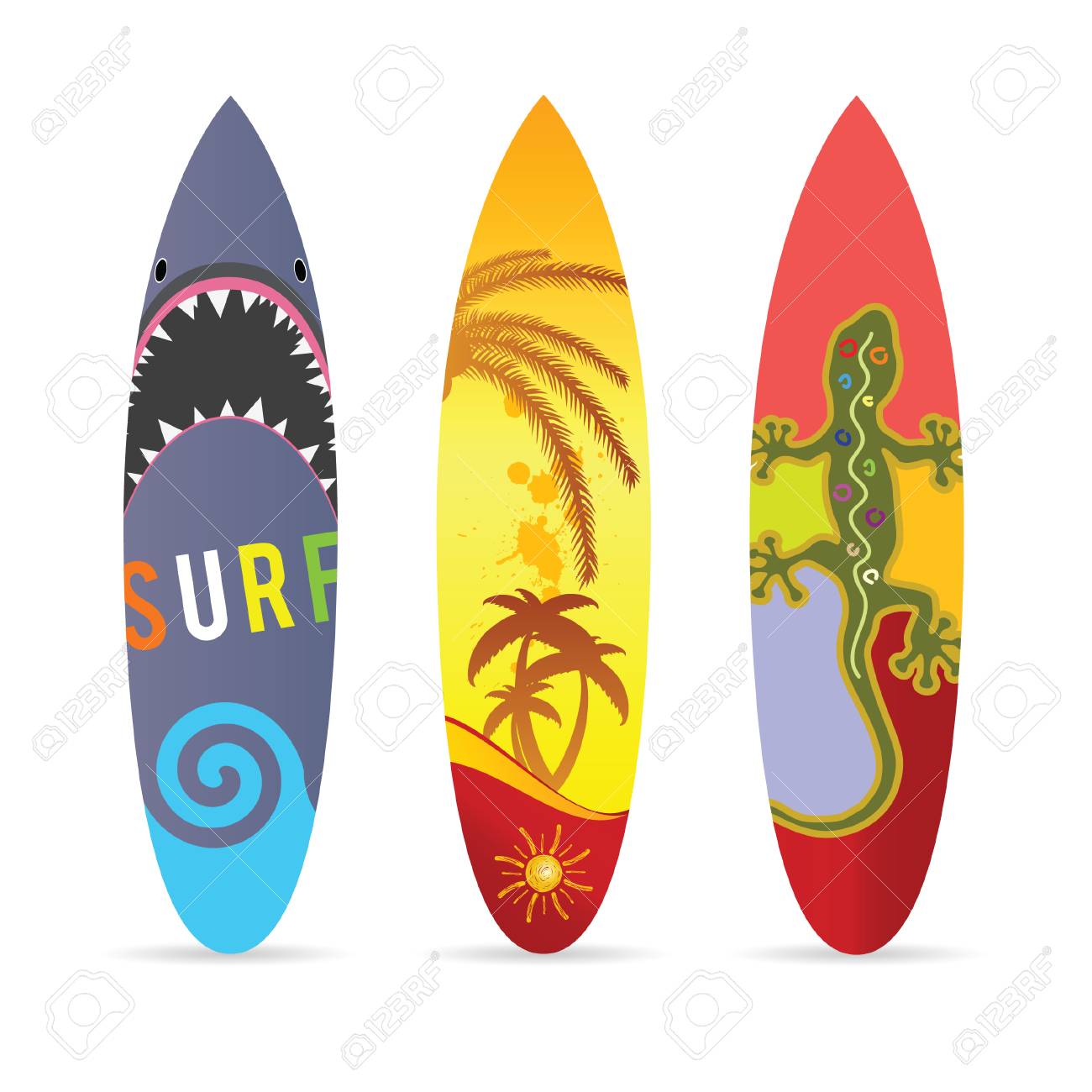 surf board set in various color illustration on white royalty free