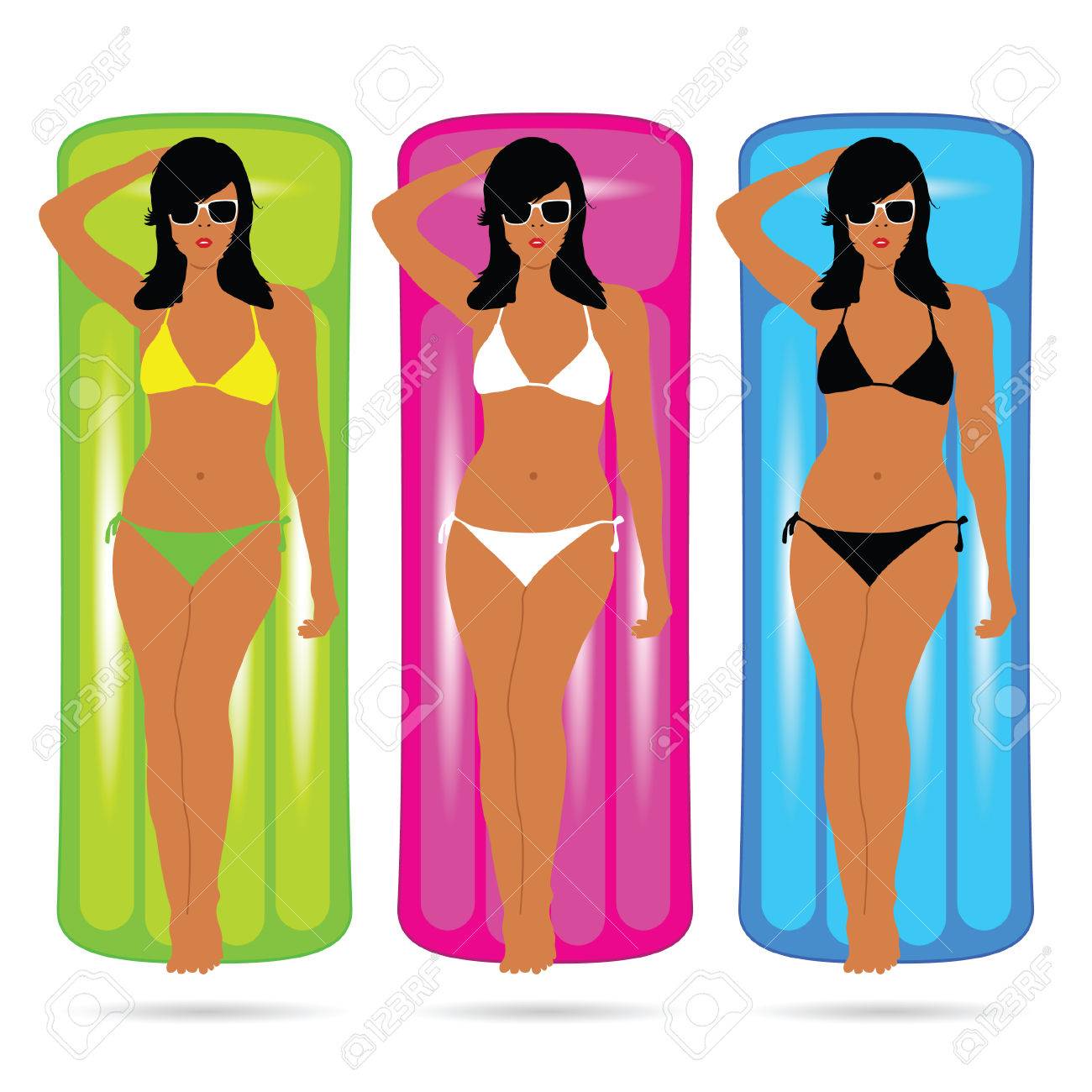 ビキニ スタイルのマットレスの上で 少女は カラフルなイラストを設定のイラスト素材 ベクタ Image