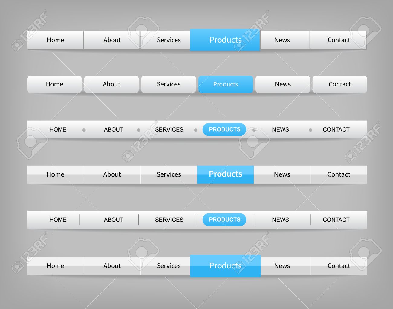 collection of gray navigation bar templates with blue hover button
