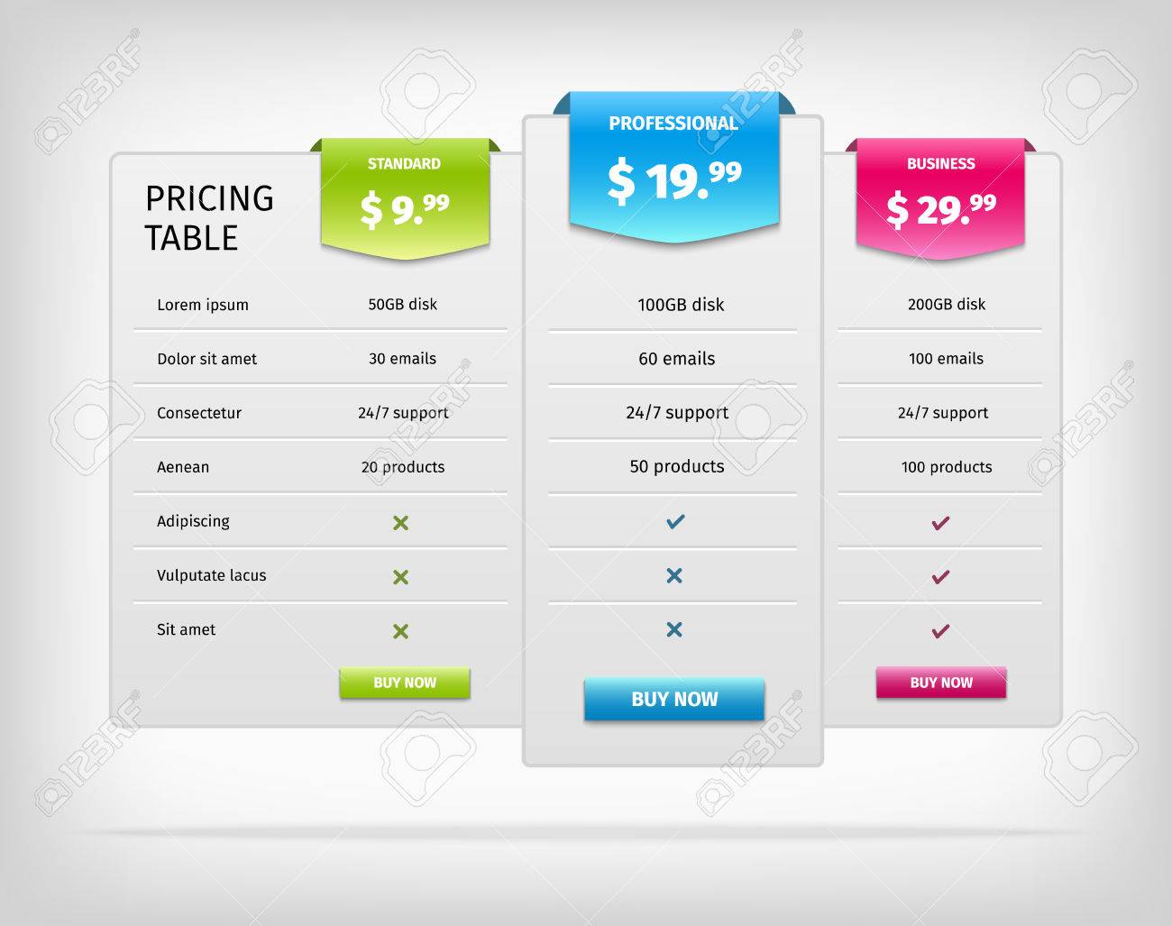 web pricing table template