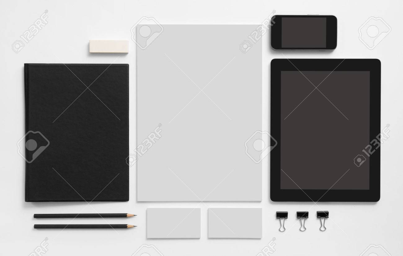 Branding mockup. Set of stationery with tablet and mobile phone. Black notepad, blank business cards ant letterhead. - 46526906 Branding mockup. Set of stationery with tablet and mobile phone. Black notepad, blank business cards ant letterhead. - 46526906