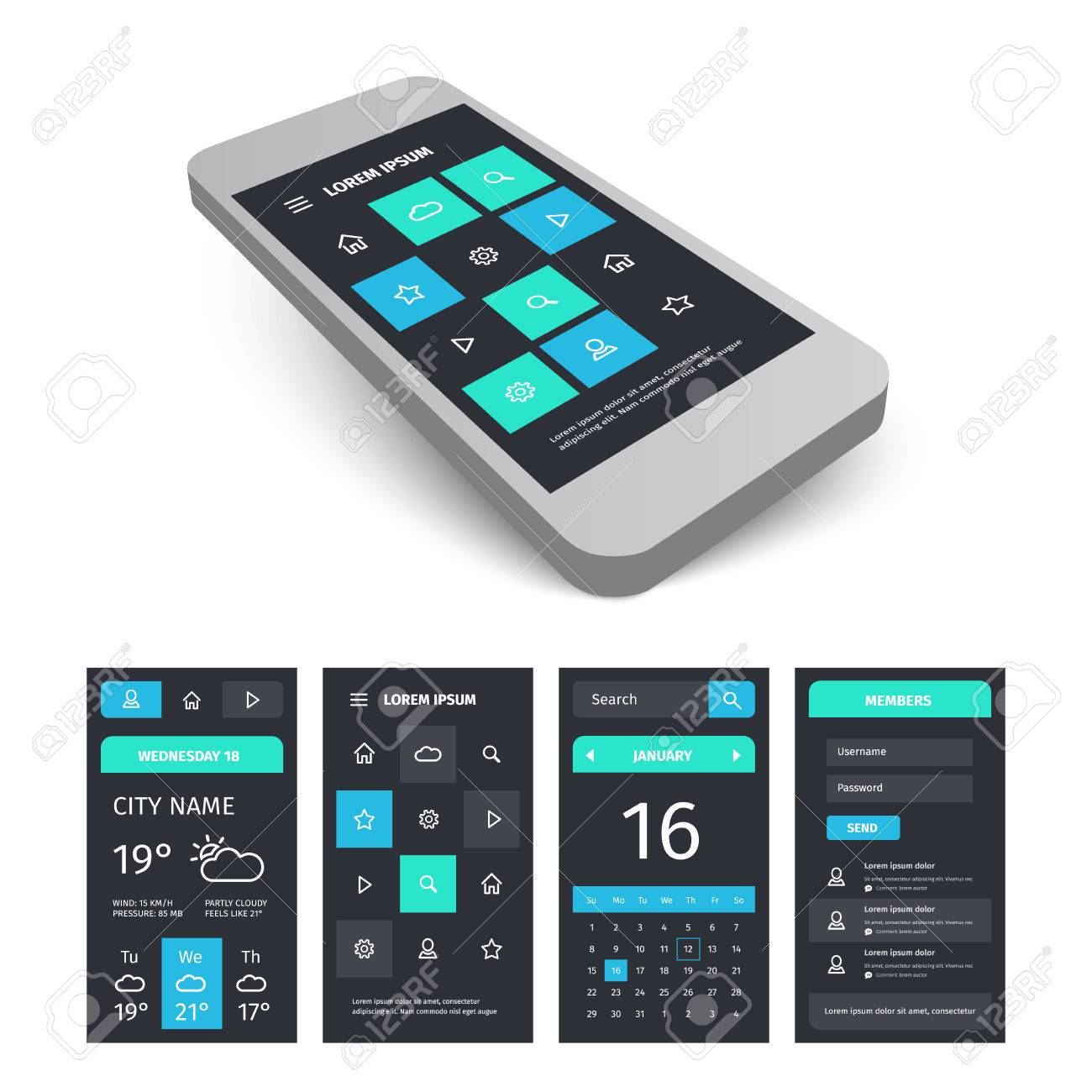 ベクトル モバイル ユーザー アプリケーション インターフェイス テンプレート モックアップとモバイル アプリ Ui キット イラスト のイラスト素材 ベクタ Image