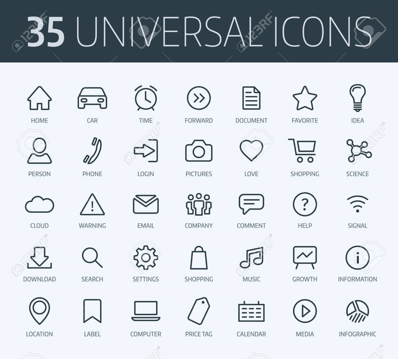set of 35 standard universal thin line icons for print or internet standard form meaning