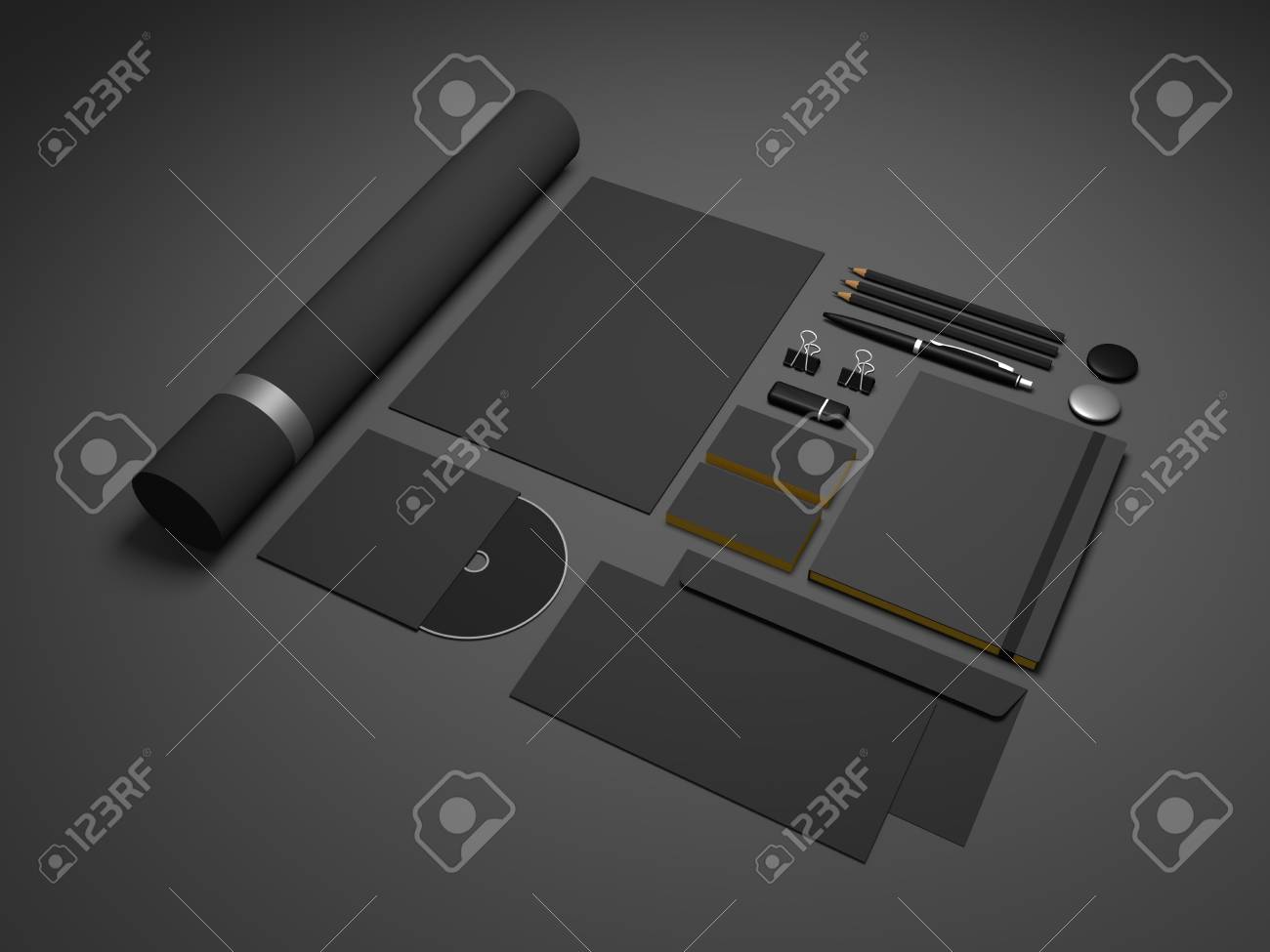 暗い灰色の Gradiented 背景に黒ブランド モックアップ テンプレート メモ帳 レターヘッド 封筒と Cd と文房具モックアップをブランディングのセットです の写真素材 画像素材 Image