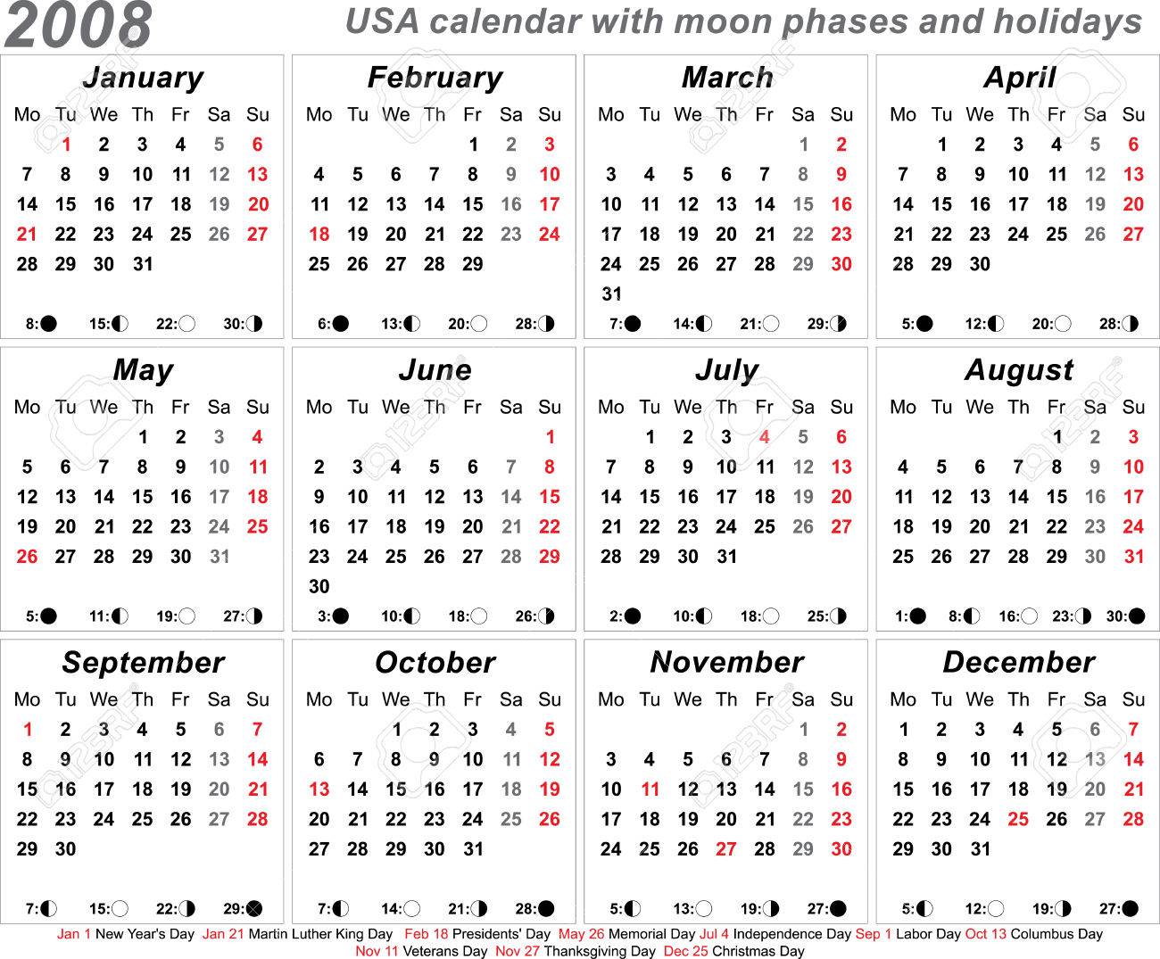 2008 USA Calendar With Moon Phases Template Vector Design - Easy To Paste  On Any Background Royalty Free SVG, Cliparts, Vectors, and Stock  Illustration. Image 3498882.