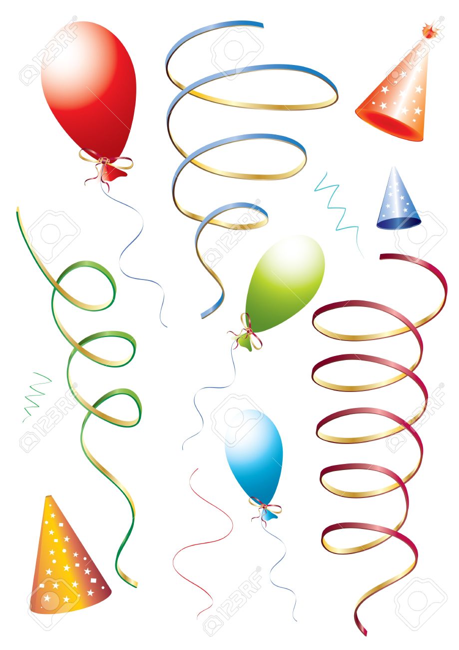 birthday set of ribbons balloons and hats illustration stock photo birthday ribbons images