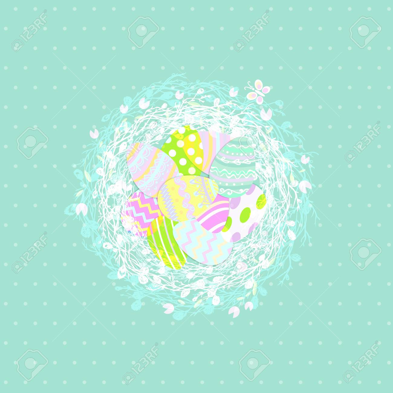 Easter Eggs In A Wicker Nest, Greeting Card On A Blue Background ...