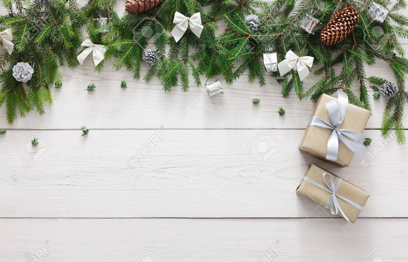 Christmas decoration, gift boxes and garland frame concept background,..