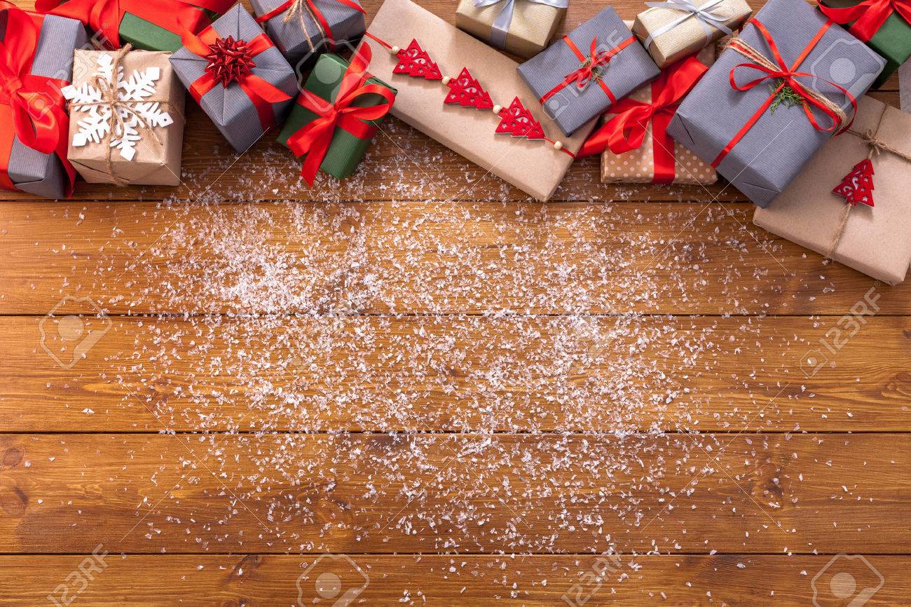 Christmas decoration, gift boxes and garland frame concept background,..