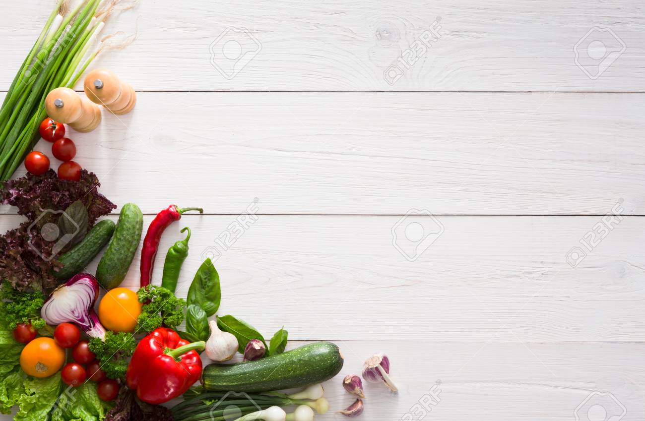 Download Fresh Vegetables On White Wood Background Mockup For Menu Or Stock Photo Picture And Royalty Free Image Image 74029798