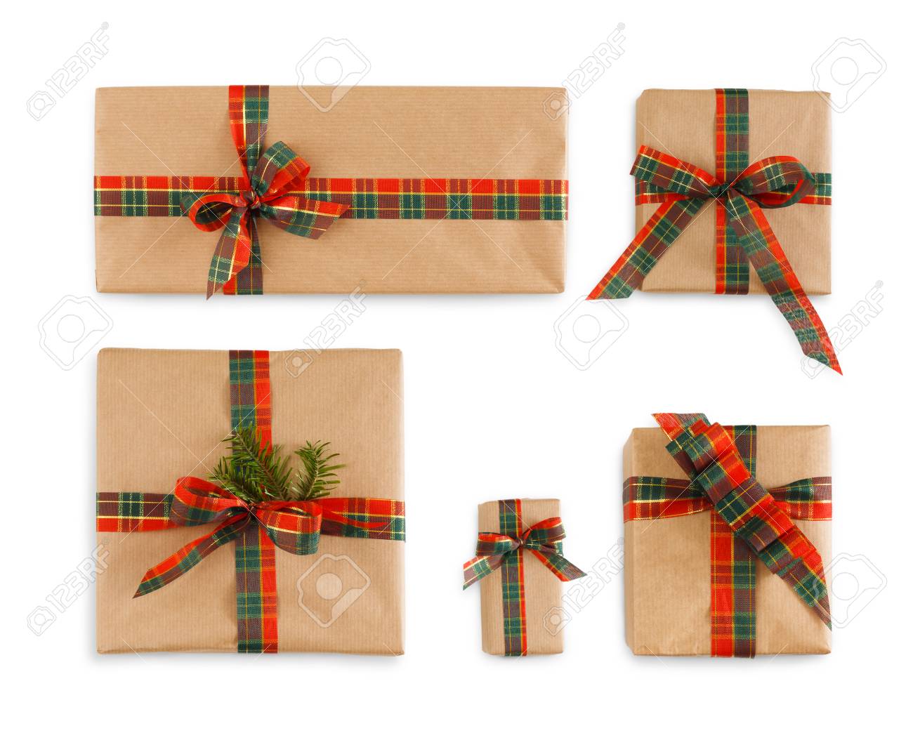 five gift boxes wrapped