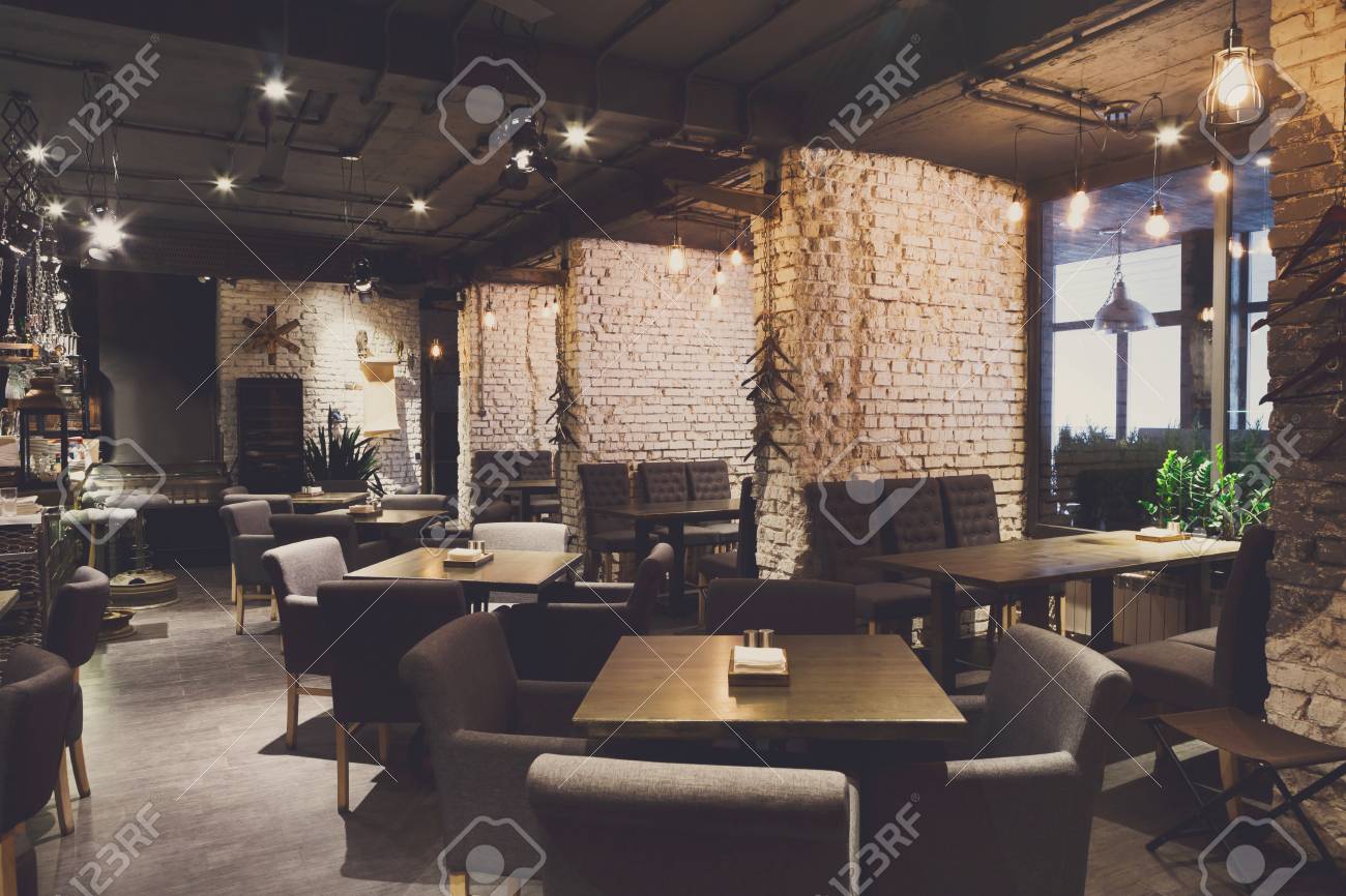 Interior of cozy restaurant. Contemporary design in loft style, modern dining place and bar counter, copy space - 89589805 Interior of cozy restaurant. Contemporary design in loft style, modern dining place and bar counter, copy space - 89589805