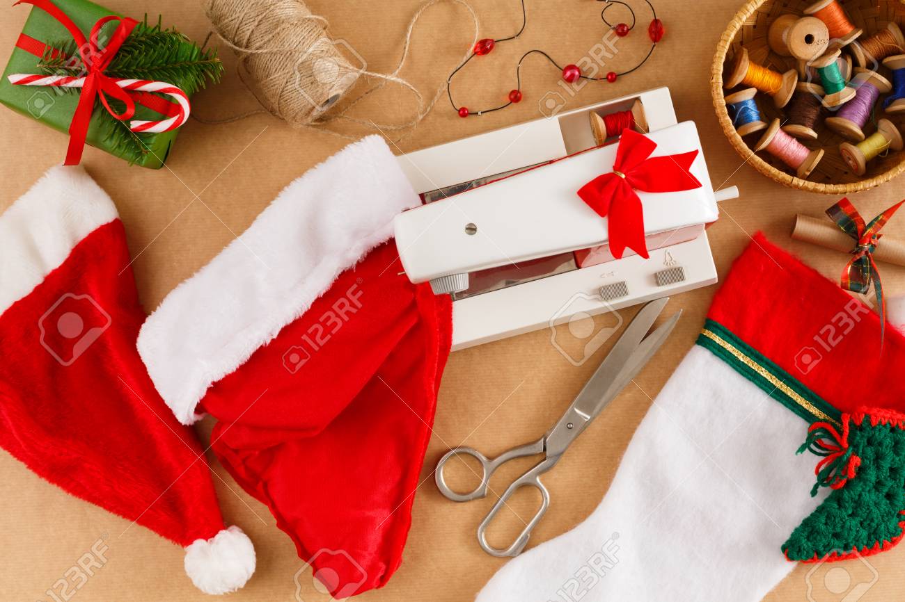 creative diy craft hobby top view making handmade craft santas hat on sewing machine - Christmas Decorations To Make With Sewing Machine creative diy craft hobby top view making handmade craft santas hat on sewing machine - Christmas Decorations To Make With Sewing Machine