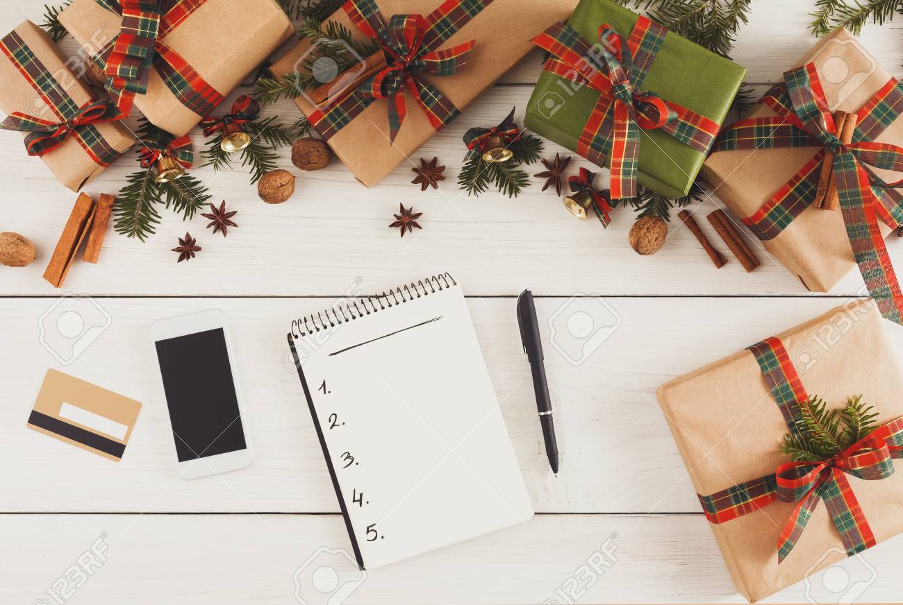 christmas online shopping top view smartphone credit card and