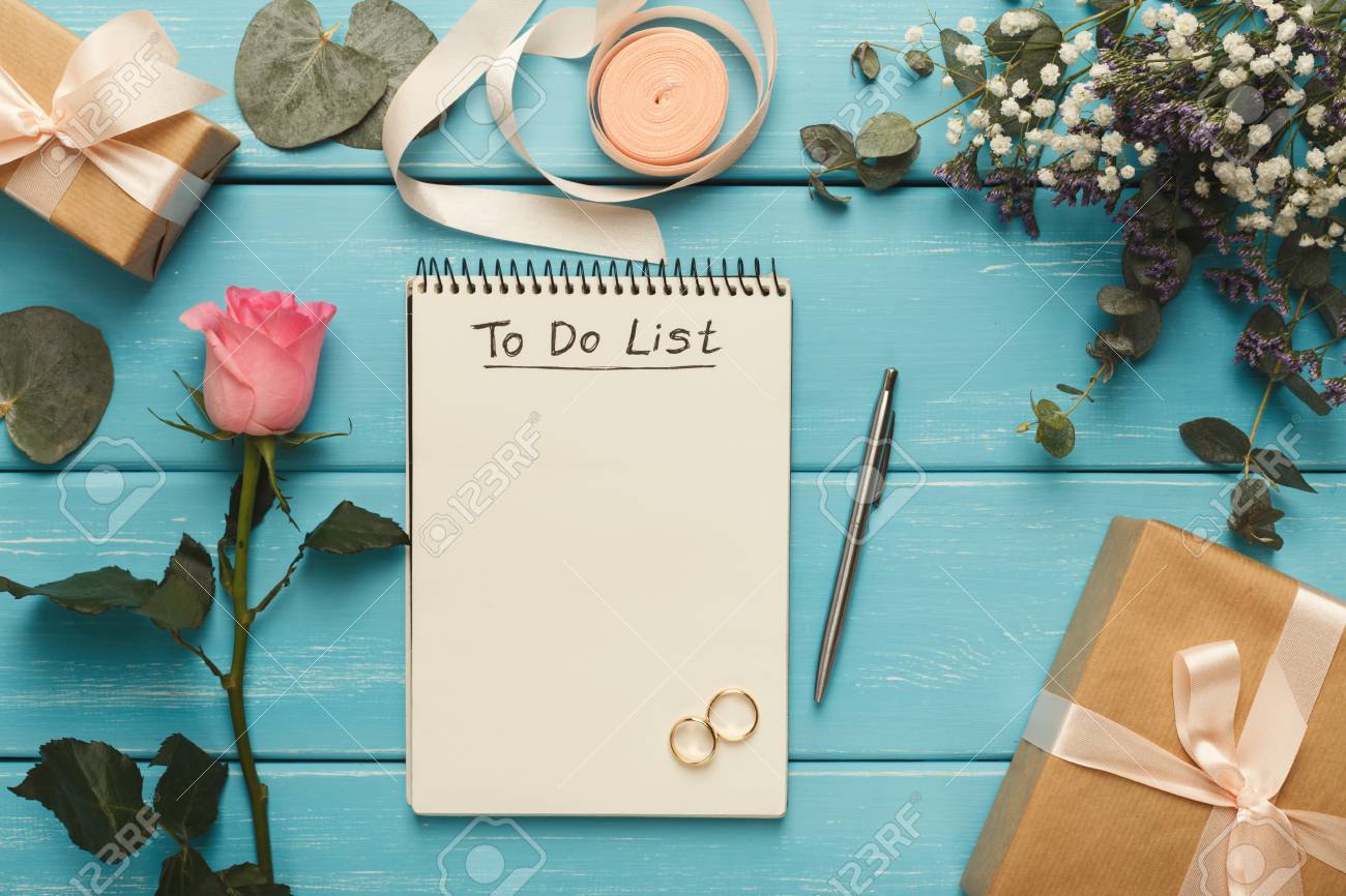 wedding to do list top view present box calendar for marriage