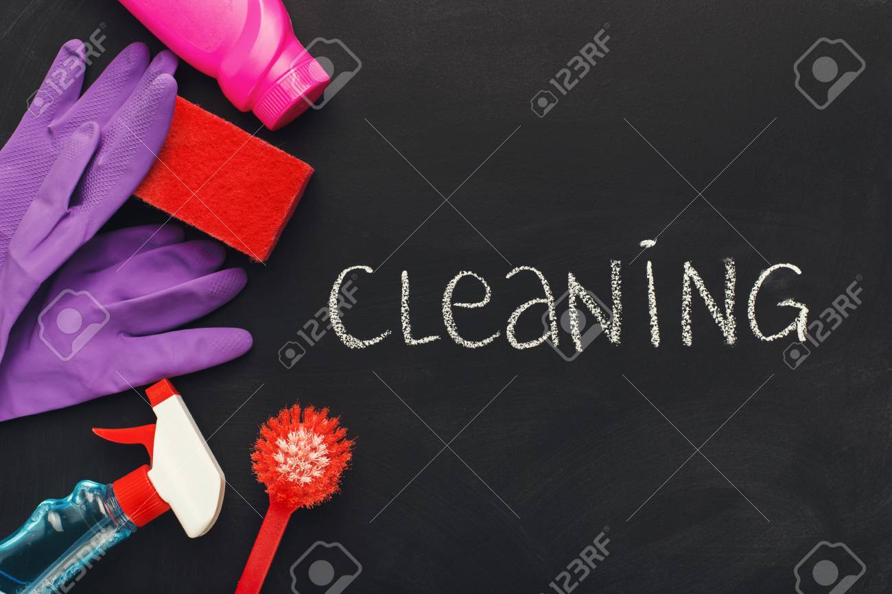 house cleaning products and supplies on black chalk board background how to write a house cleaning ad
