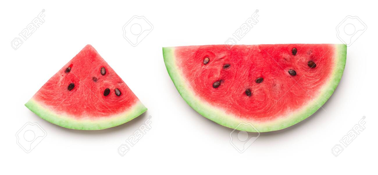 Semicircle and triangle shaped ripe watermelon slices isolated on white background, panorama - 123770663 Semicircle and triangle shaped ripe watermelon slices isolated on white background, panorama - 123770663