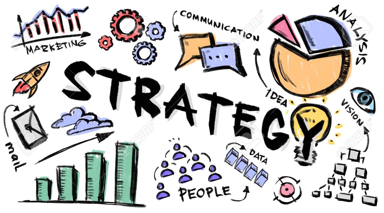 Creative illustration with business strategy notions, graphs and drawings on white background, panorama - 147801296 Creative illustration with business strategy notions, graphs and drawings on white background, panorama - 147801296