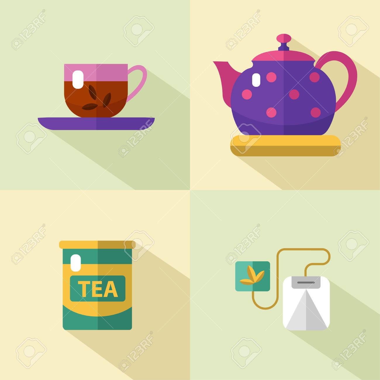 ベクトル フラット スタイルのアイコンは 長い影とお茶のセットします カップ ティーポット 茶缶 茶 ティーバッグ お茶の時間 茶葉 紅茶ツール お茶時間のベクトル シンボル のイラスト素材 ベクタ Image