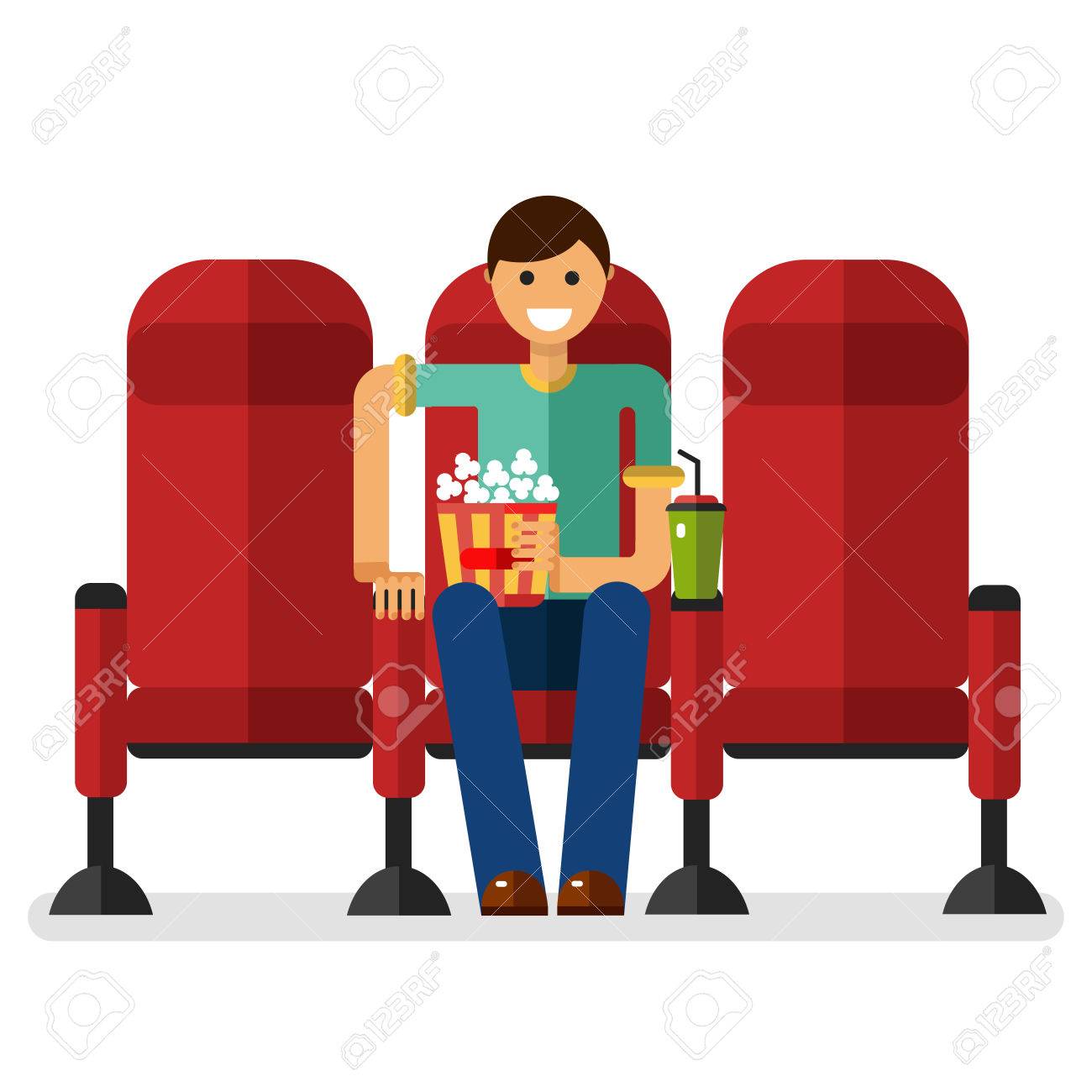 ポップコーンとソーダの映画を見て映画の笑みを浮かべて少年のフラット スタイルのイラスト 白い背景で隔離の映画館概念の人々 のイラスト素材 ベクタ Image