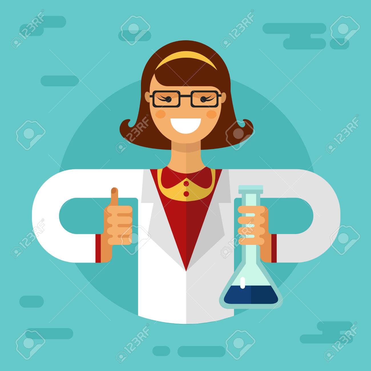 フラット スタイル グラスで親指 フラスコおよび研究を行う科学者微笑んでいる女の子のイラスト 化学実験室の研究のコンセプトです のイラスト素材 ベクタ Image