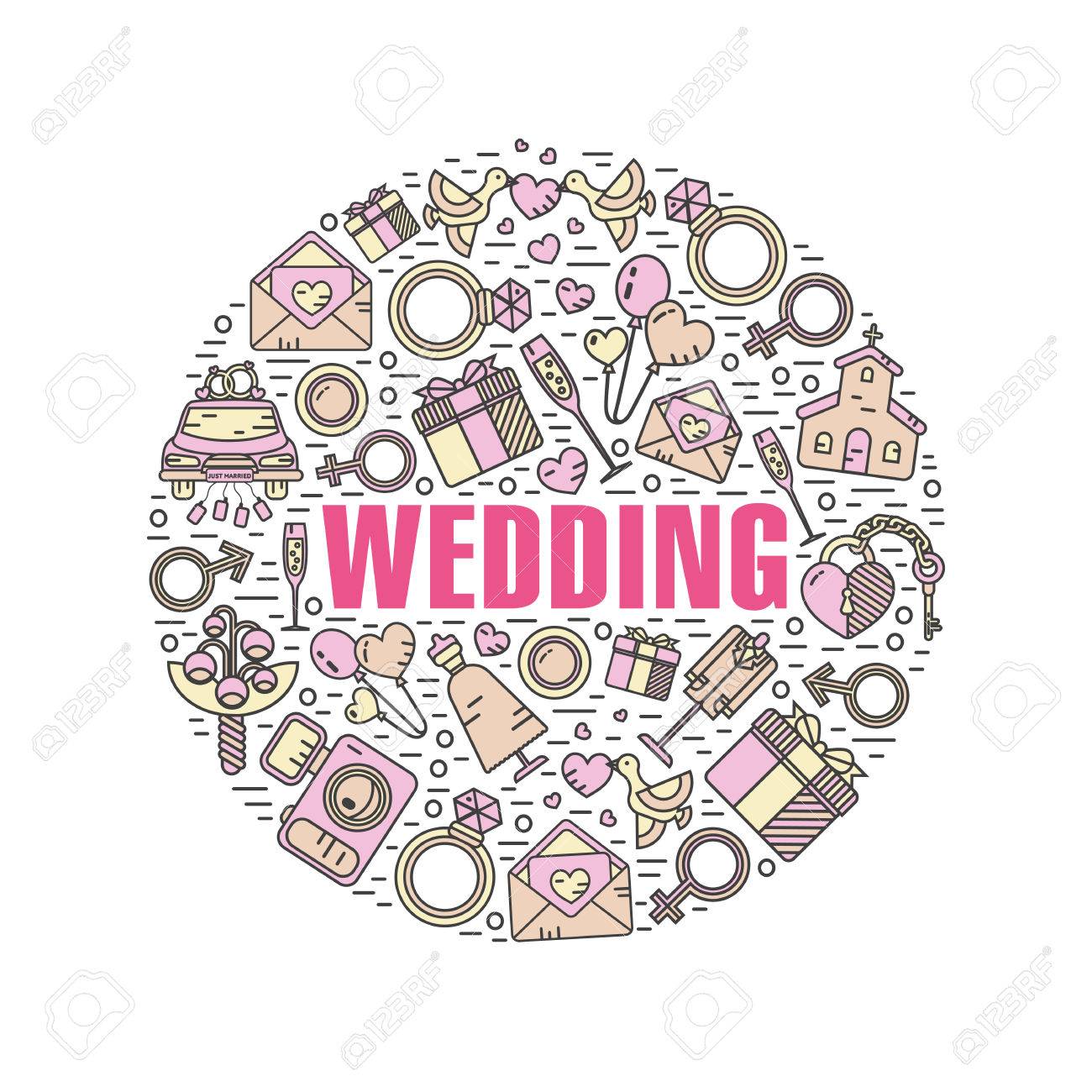 結婚式のベクトル色モダンなライン スタイル イラスト 招待状は 新郎新婦のブライダル ブーケ リング シャンパン ロックとキー 鳥 車 バルーン カメラとケーキ 丸い形のアイコンのコンセプトです のイラスト素材 ベクタ Image